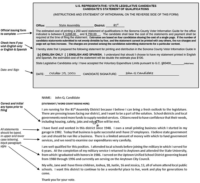 A Visual Example of Candidate Statement of Qualifications for State and Federal Offices as Described Above and Below