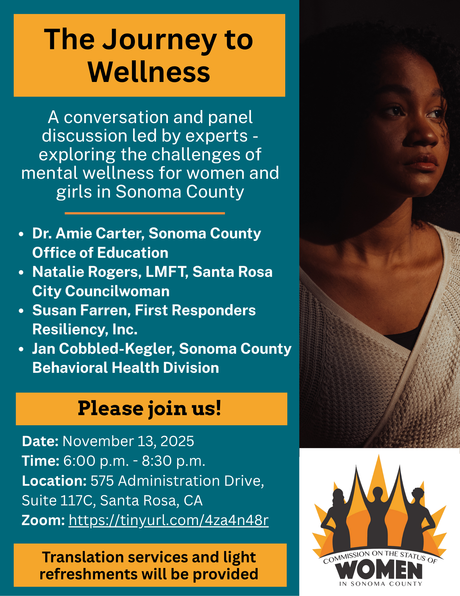 Flyer image of the Commission on the Status of Women event on November 13, 2025 at 6pm