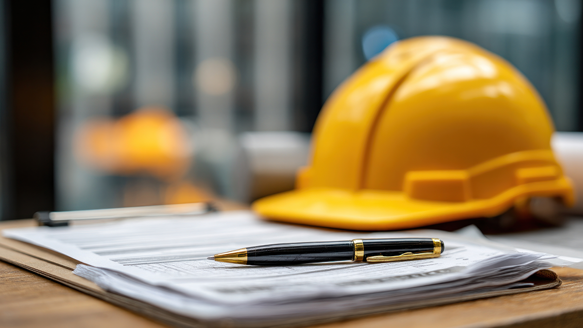 Image of a construction hat atop documents