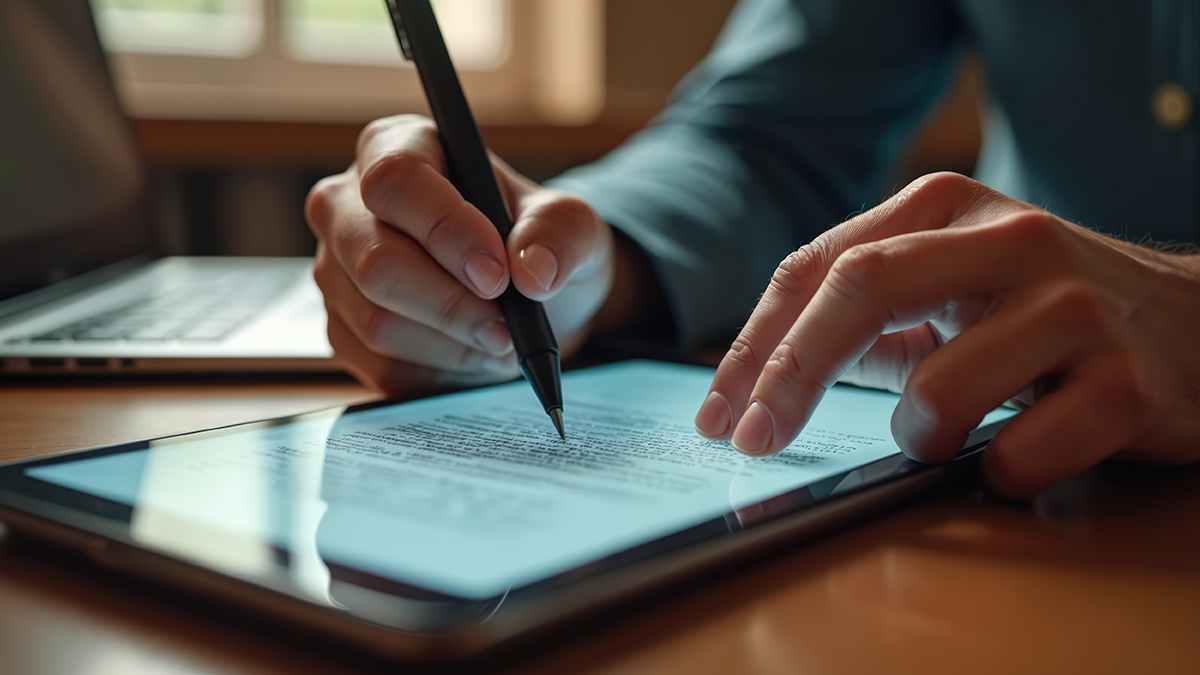 close-up image of hands using a tablet and pen