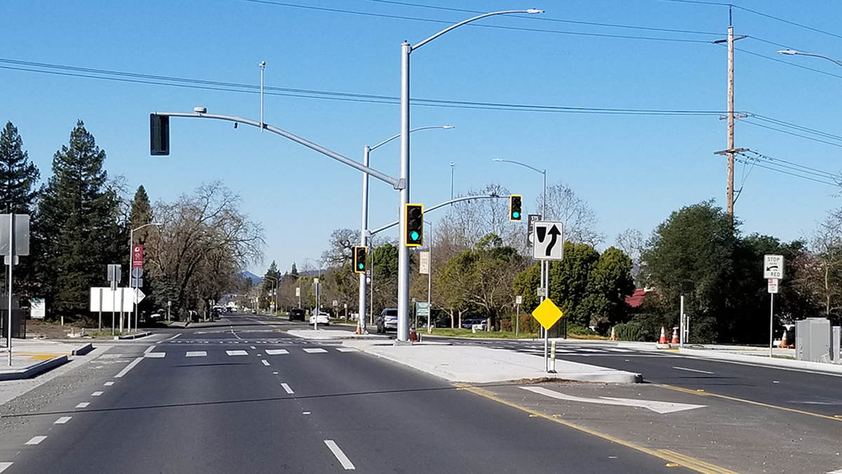 image of a street view with traffic signals