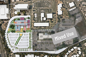 aerial view of a street map with architectural visualizations for new building