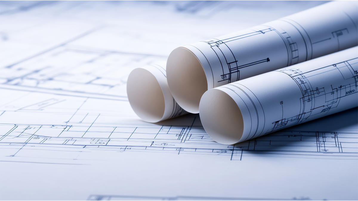 Image of rolled architectural and design blueprints laying atop a laid out blueprint.