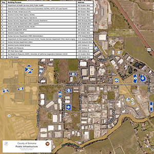 aerial view of buildings marked on a map
