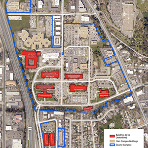 aerial view of a city street map with buildings marked