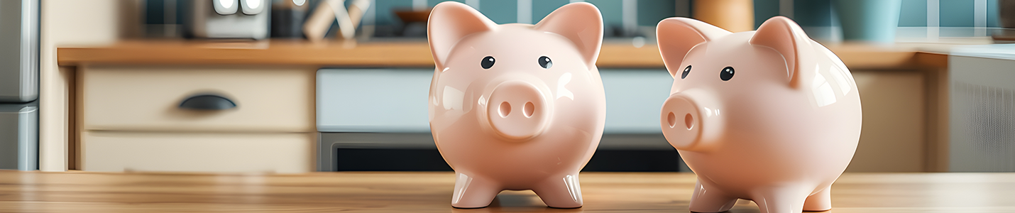 photo of two piggy banks on a kitchen counter at home